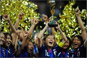 Japan?s players celebrate with the trophy after the FIFA Women's Football World Cup final match Japan vs USA on July 17, 2011 in Frankfurt am Main, western Germany. Japan won 3-1 in a penalty shoot-out after the final had finished 2-2 following extra-time. AFP PHOTO / JOHANNES EISELE (Photo credit should read JOHANNES EISELE/AFP/Getty Images)